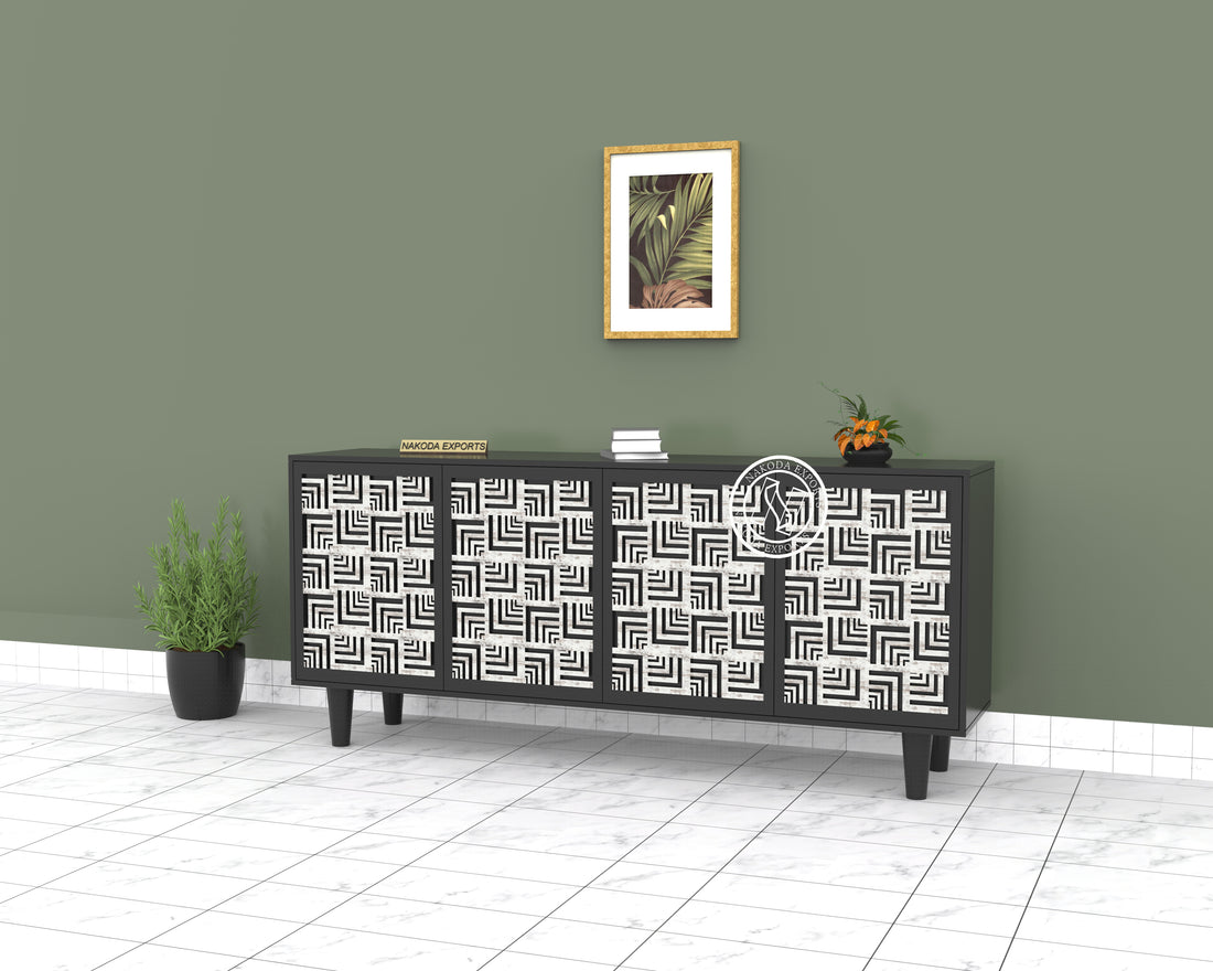 Black White Lattice Pattern Wooden Sideboard