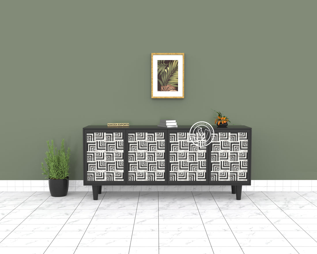 Black White Lattice Pattern Wooden Sideboard