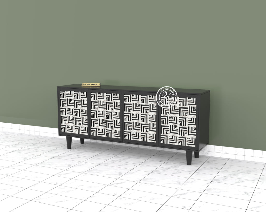 Black White Lattice Pattern Wooden Sideboard