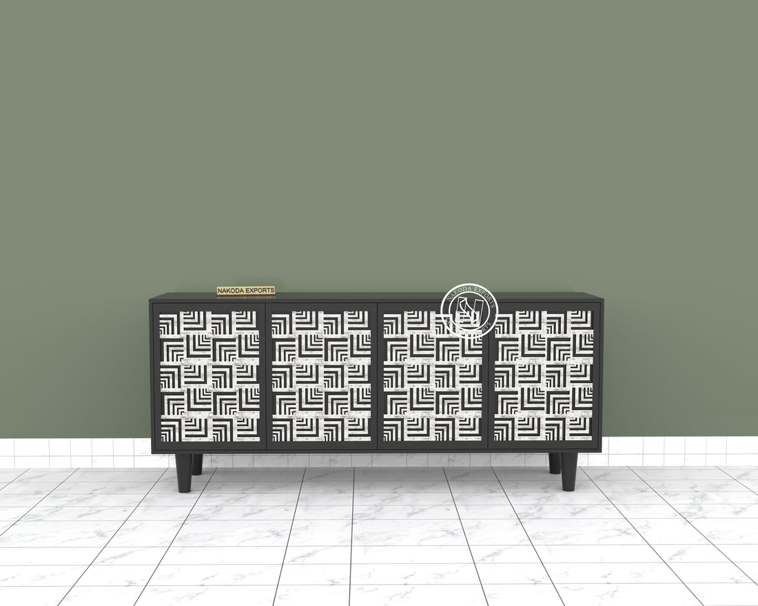 Black White Lattice Pattern Wooden Sideboard