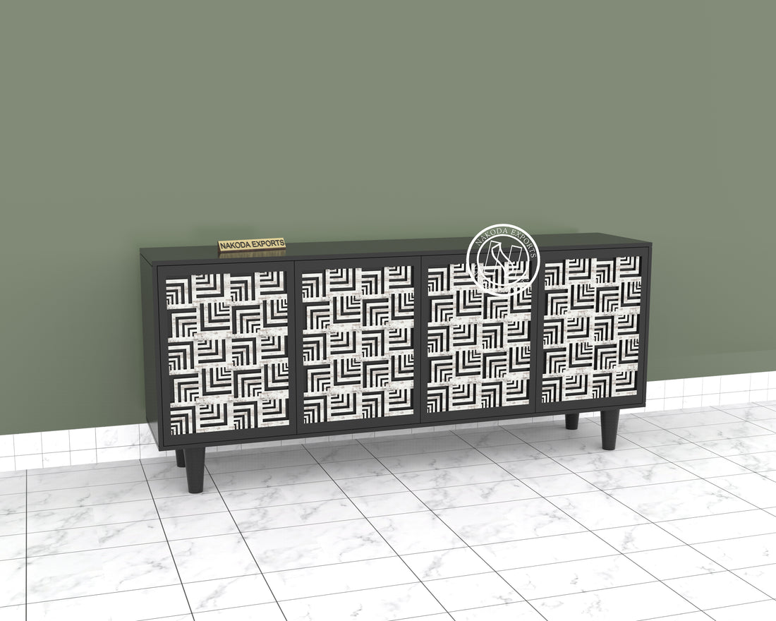 Black White Lattice Pattern Wooden Sideboard