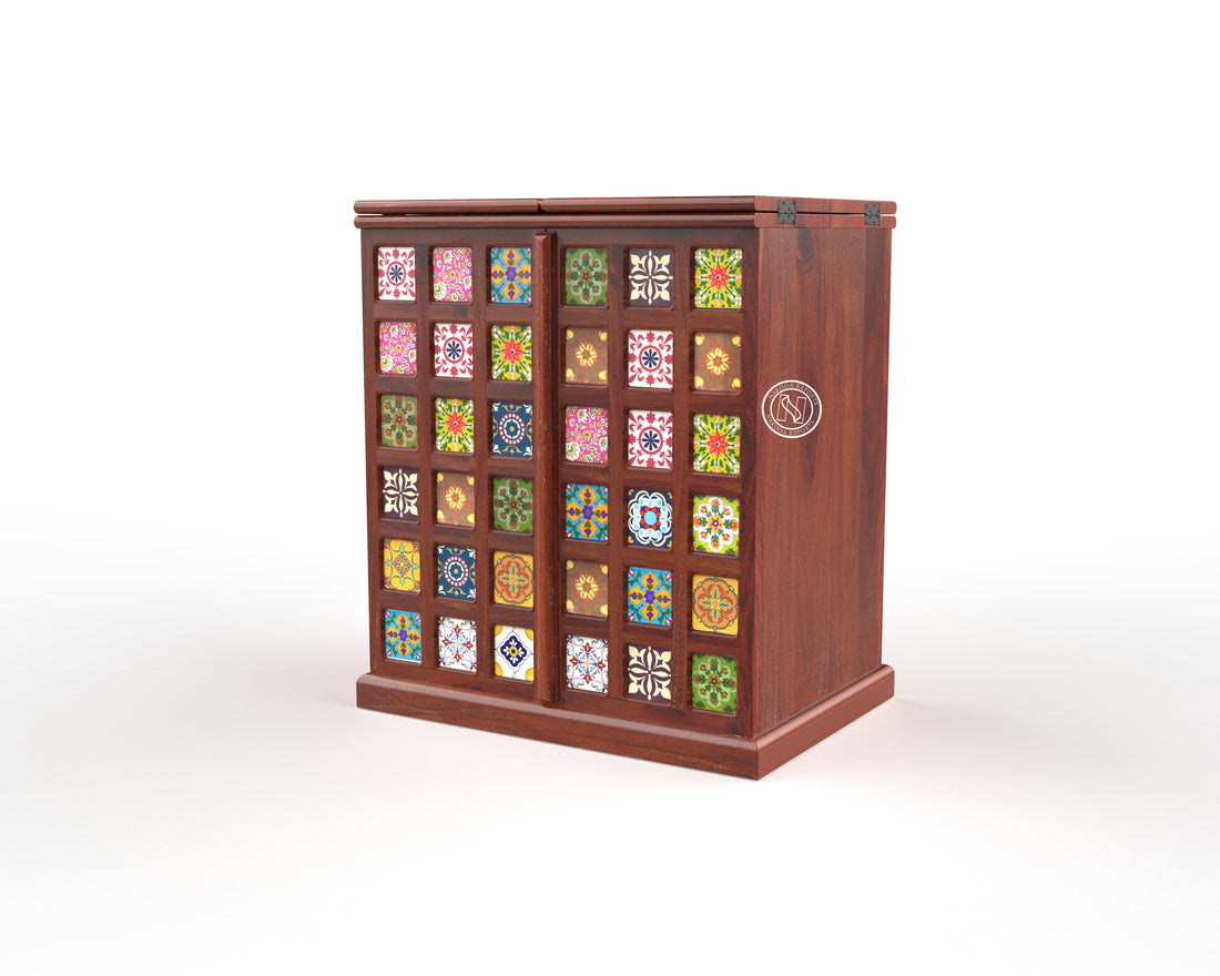 Handcrafted Wooden Tile-Decor Cabinet