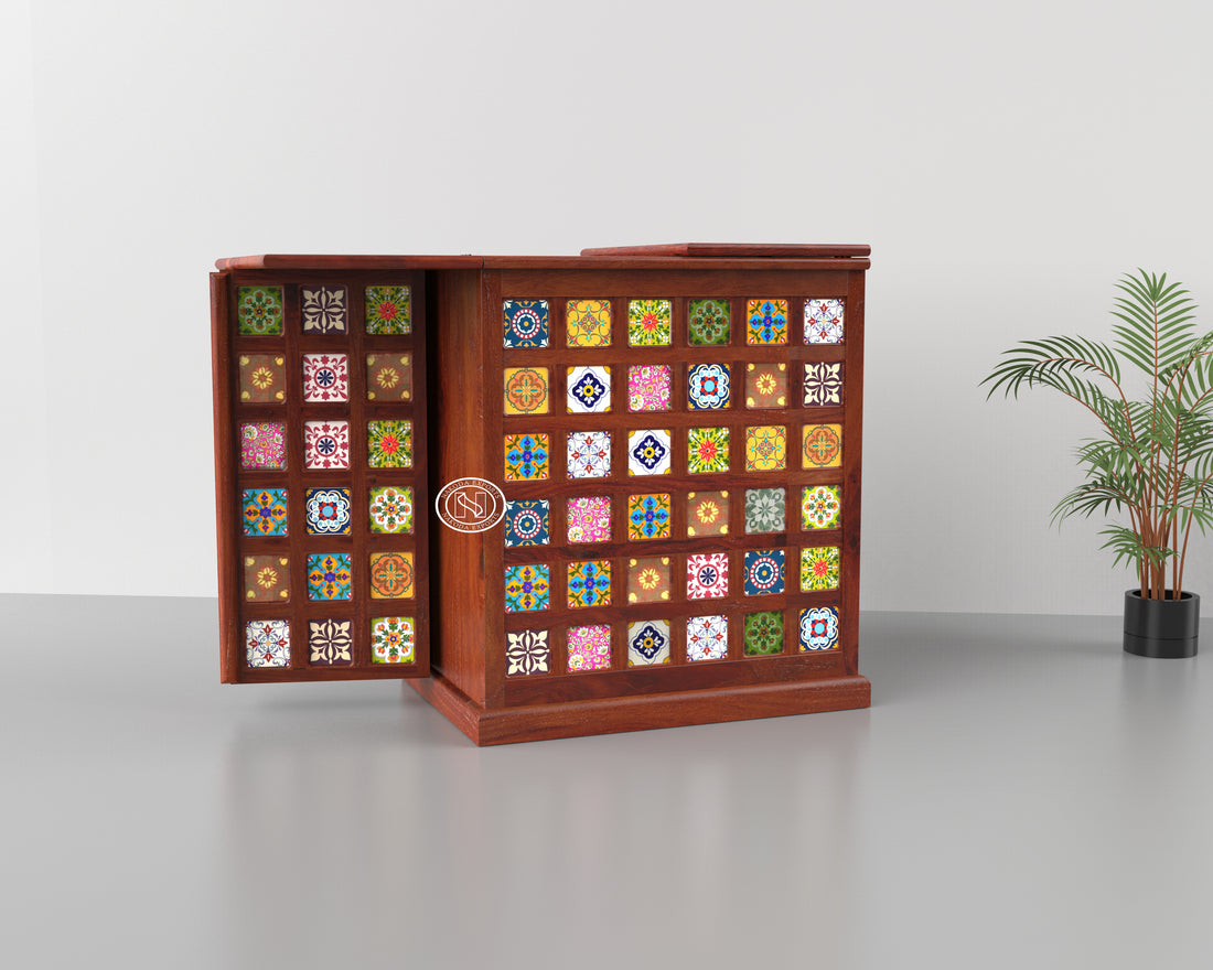 Handcrafted Wooden Tile-Decor Cabinet