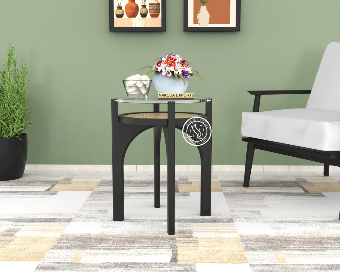 Modern Glass and Rattan Side Table