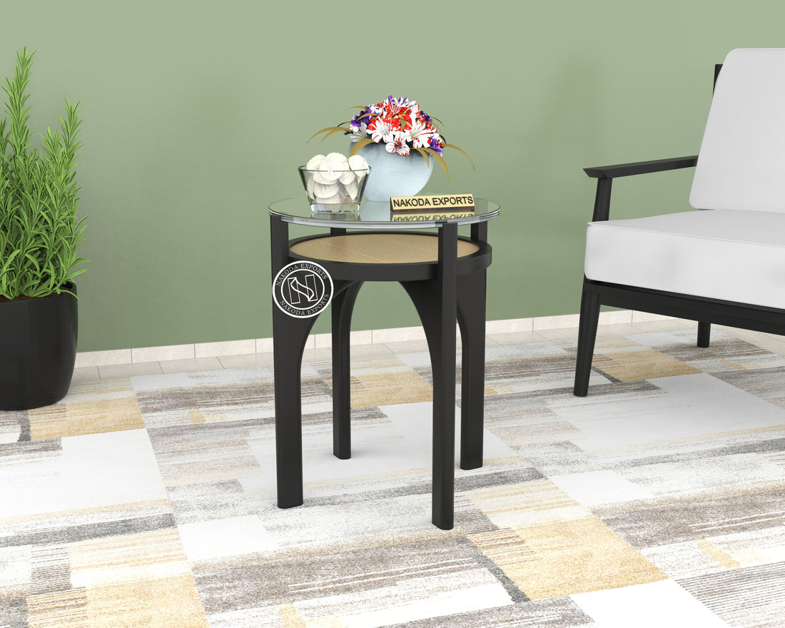 Modern Glass and Rattan Side Table