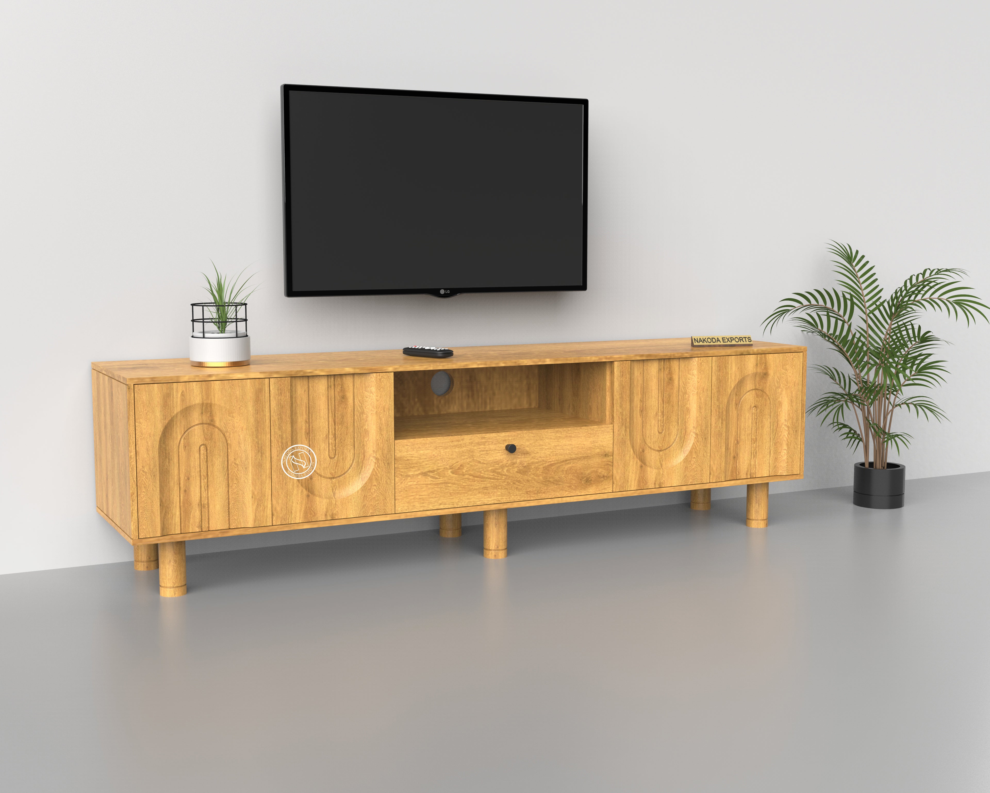 Modern Mango Wood TV Unit with Carved